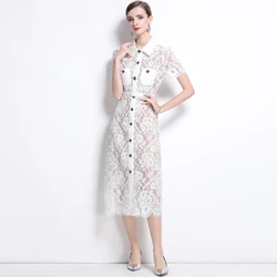 Summer Fall Embroidery White Lace Wedding Dress Shirt Women Crystal Short Sleeve Midi Luxury Evening Dresses Long Vestidos Party