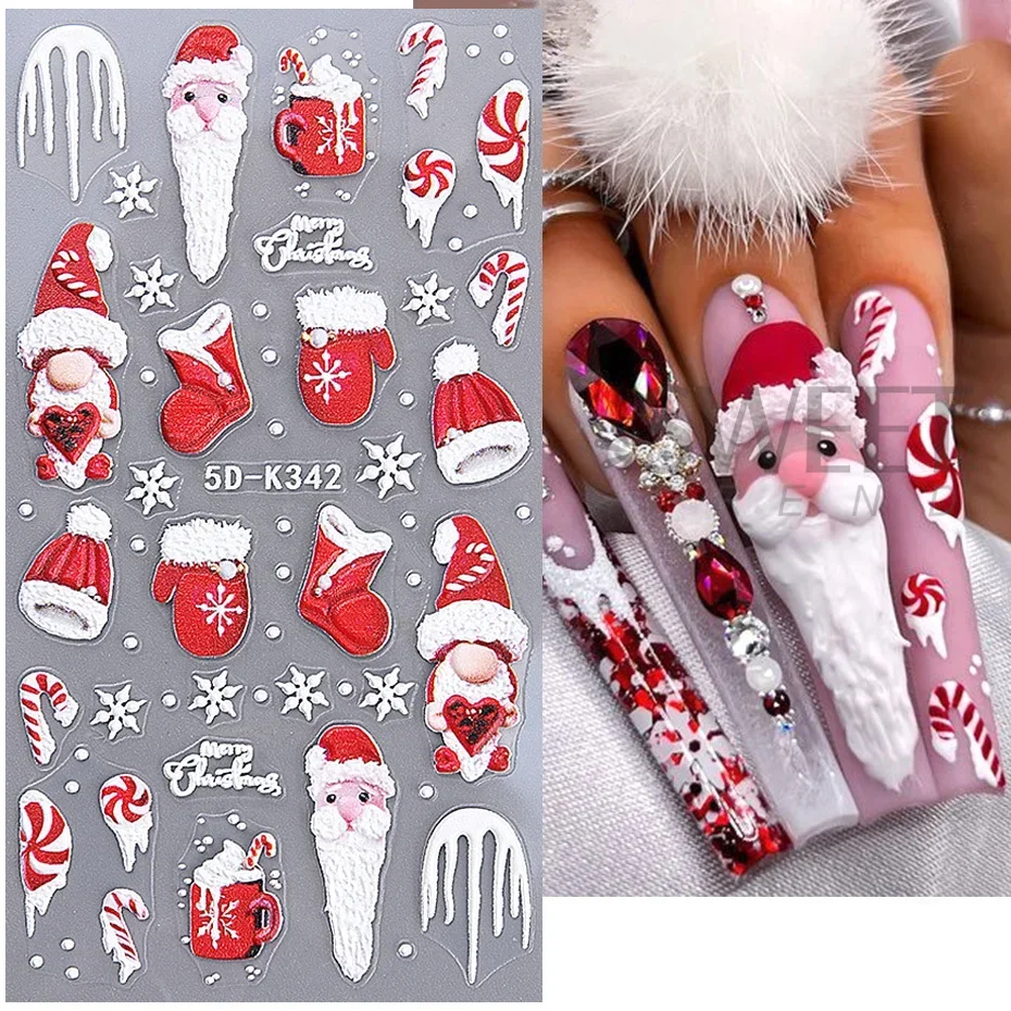 5D Red Christmas Nail Sticker Santa Claus Snow Drop Gonk Snowflake Candy Cane Plaid Decal DIY Winter Xmas Manicure Decorations