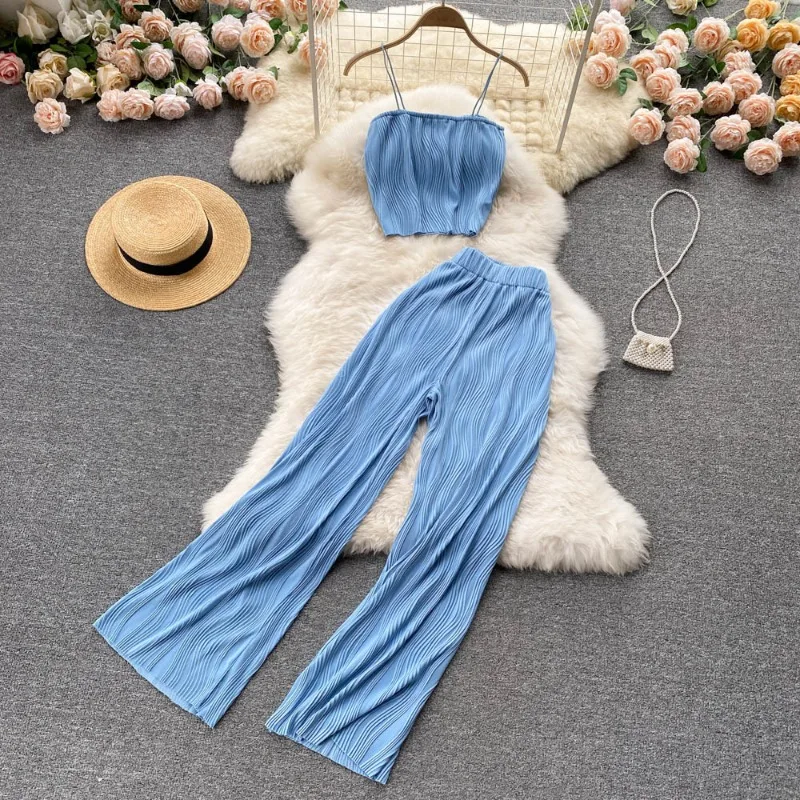 Women Short Suit Two-piece Suit Wide-legged Pants Suspenders Bustier Wave High Waist Pit-striped Funky Patchwork Streetwear