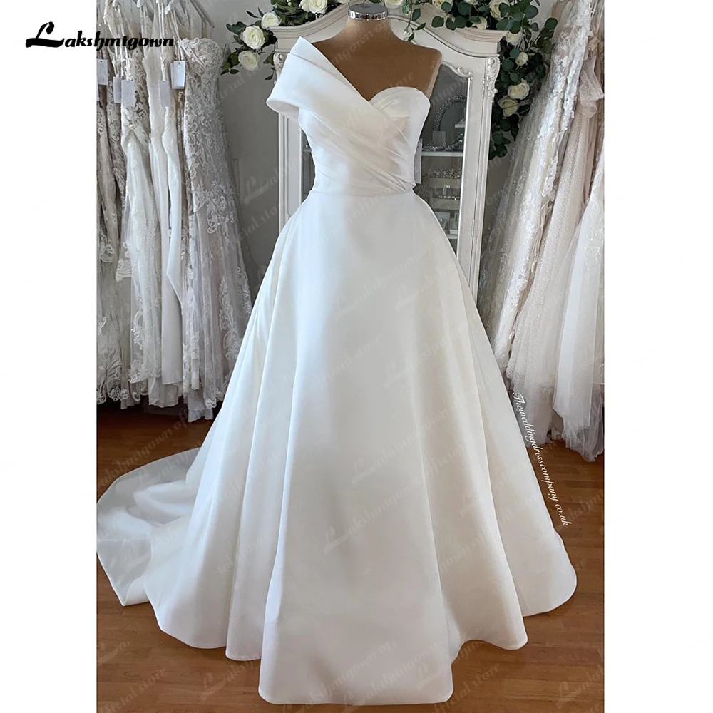 Lakshmigown One Shoulder Satin V-Neck A Line Wedding Dresses Court Train Bridal Gowns vestido de casamento