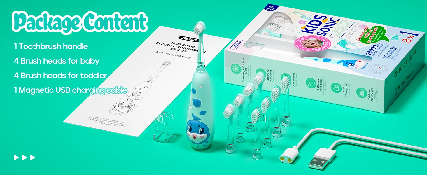 Seago Elektrische Kinderzahnbürste, Delfin-Design, bunt, mit LED, 2 Minuten Smart-Timer, IPX7 wasserdicht, zur Zahnreinigung – Detail 2