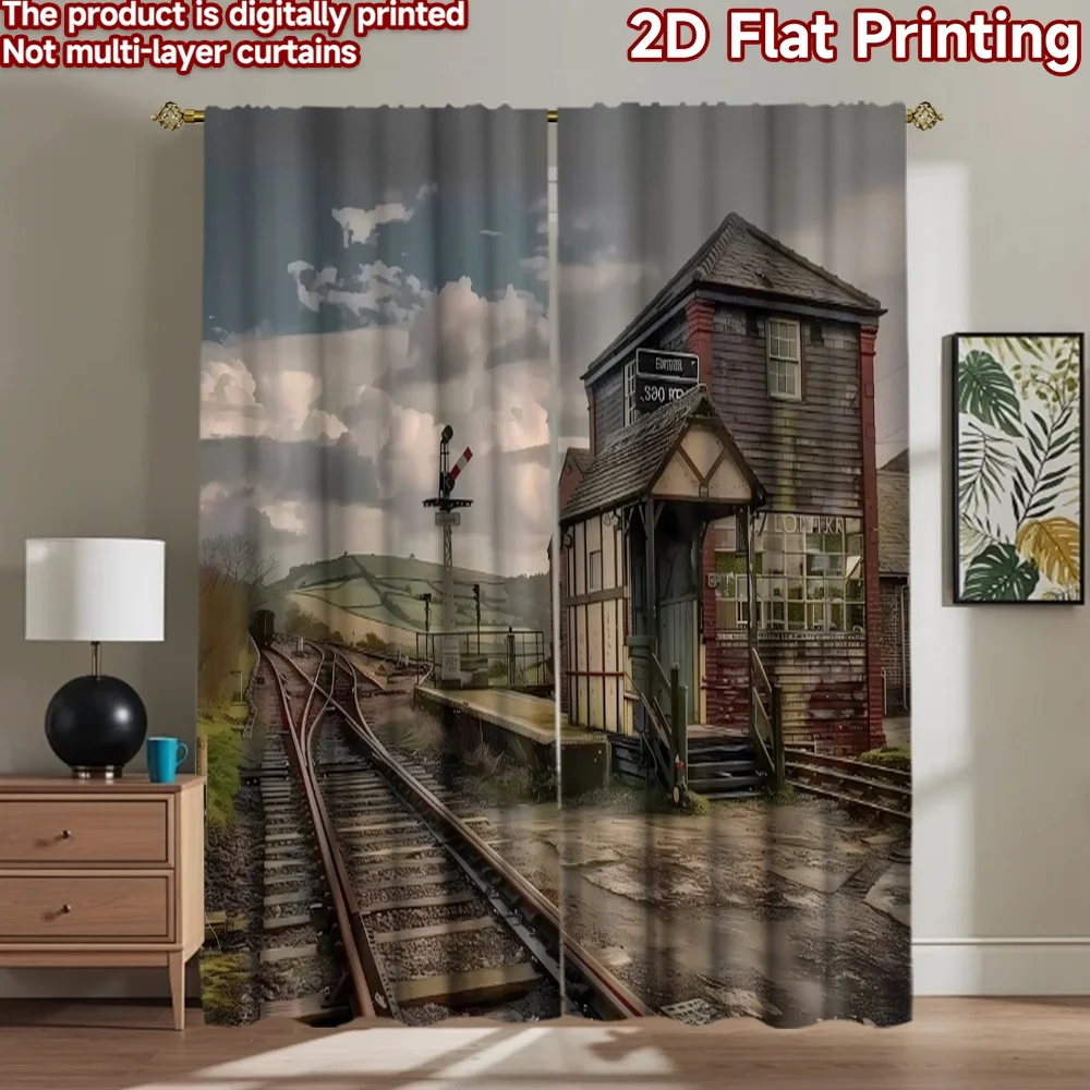 2D flat 2pcs Curtain Modern Minimalist Style Countryside Railway Station Digitally printed polyester Family Party Decoration Use