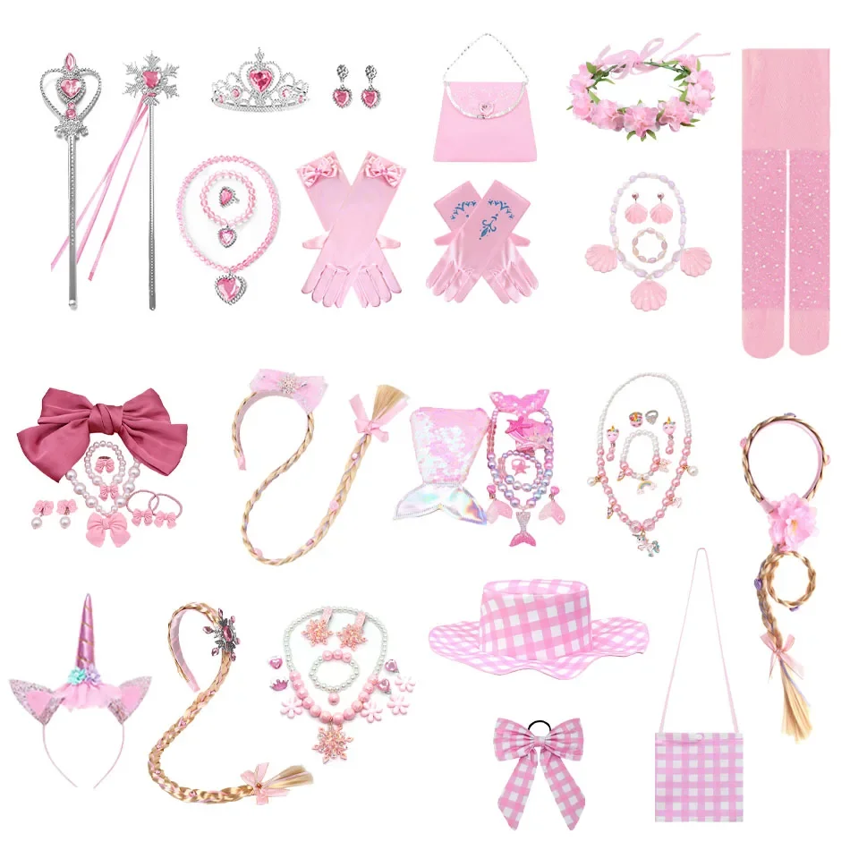 

Розовое платье принцессы для девочек - комплект аксессуаров - Корона, украшения, аксессуары для волос для малышей, идеально подходит для дня рождения