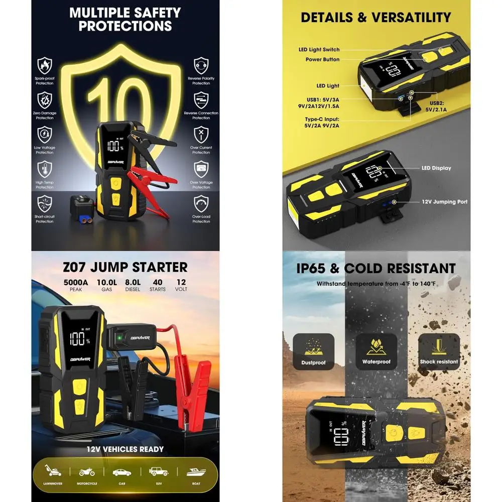 

Стартер 5000А, автомобильный аккумуляторный стартер емкостью 74 Втч для газового двигателя до 10,0 л и дизельного двигателя 8,0 л, портативный аккумуляторный блок 12 В