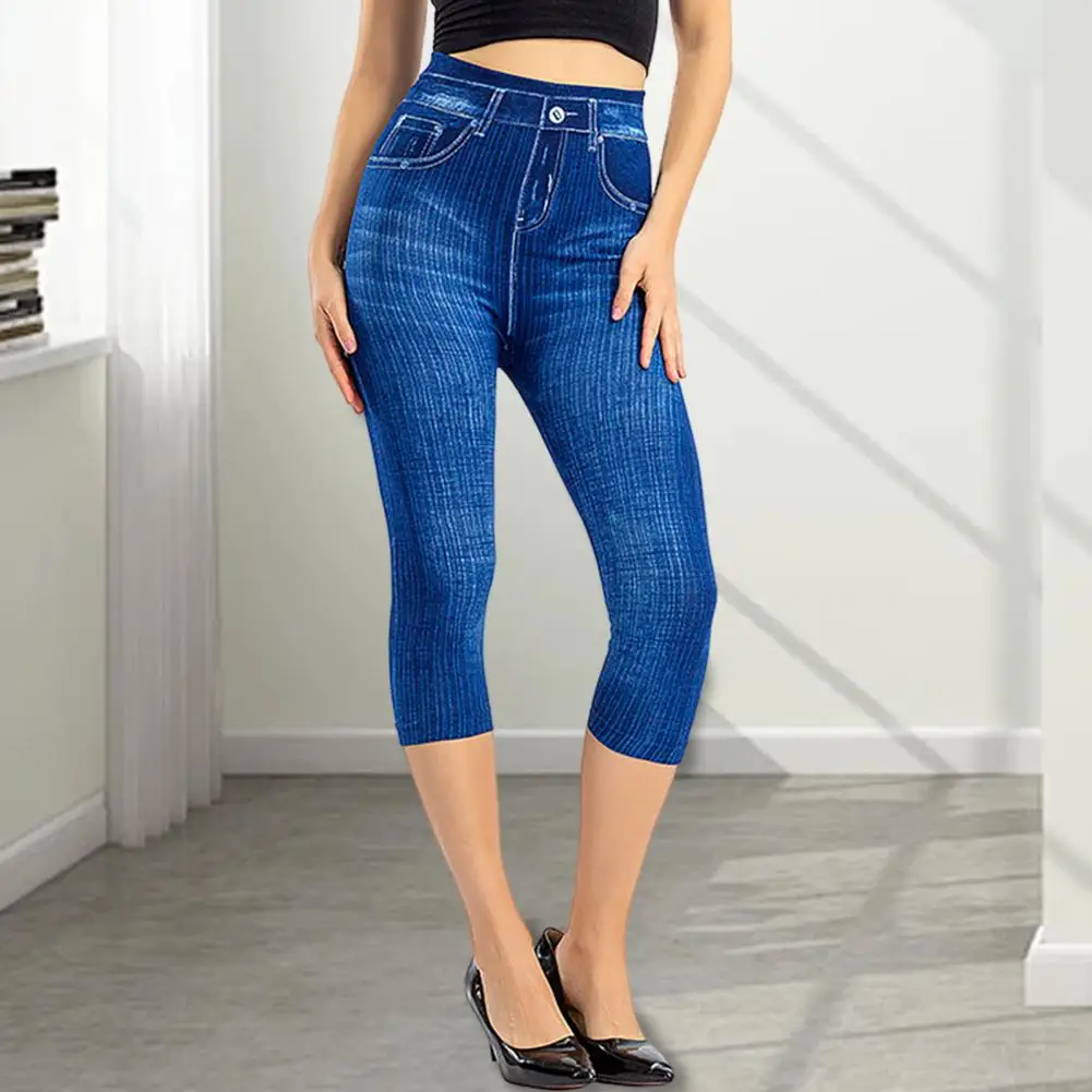 Women Jeans Stylish Women's High Waist Cropped Jeans with Slimming Stripes Pockets Casual Mid-calf Length Trousers for Commuting