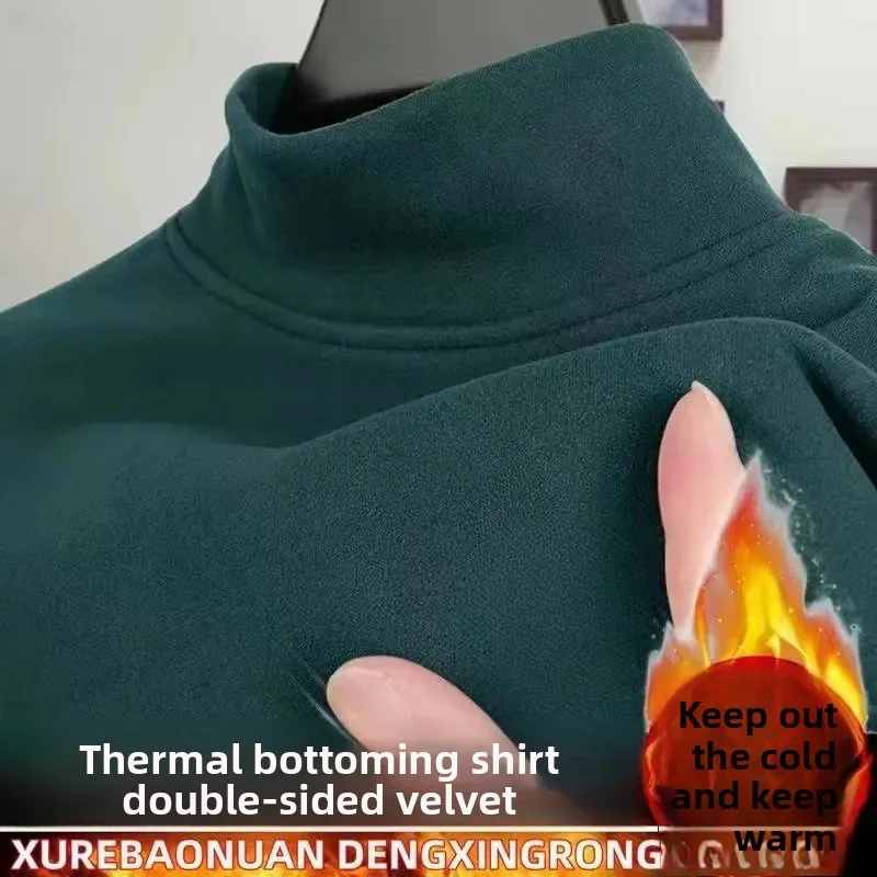 سميكة على الوجهين الصوف الرجال طويلة الأكمام تي شيرت الشتاء الدافئة قاعدة طبقة أعلى المخملية لباس غير رسمي دون قبعة
