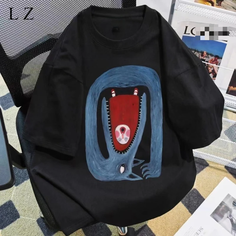 

Универсальная футболка с изображением головы волка мотоцикла, мужская и женская свободная футболка с круглым вырезом в уличном стиле, повседневный топ с круглым вырезом и половиной рукавов