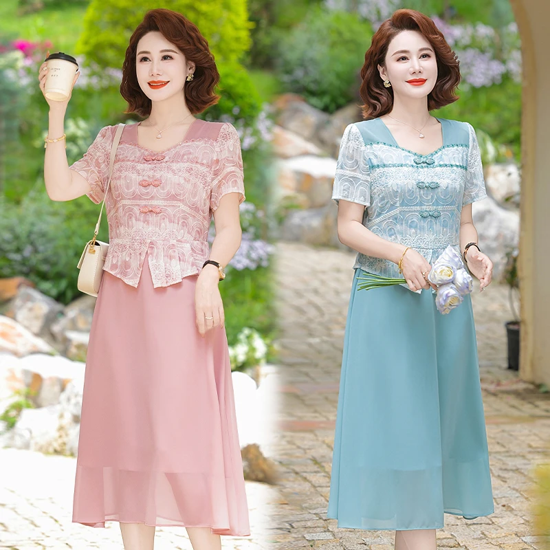 Sommer Täglich Tragen Vestido Mid-länge Chiffon Verbesserte AoDai Chinesischen Stil Floral Gedruckt Patchwork Kleid