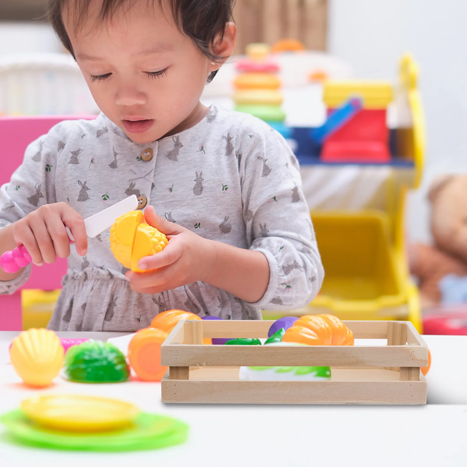 

Wooden Storage Small Container ganizer for Small Storage Basket Kids Toys Fruits Vegetables Cutting Play Safe