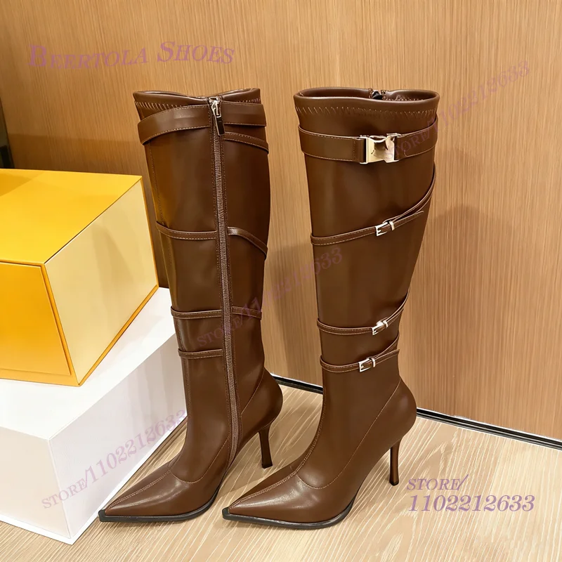 

Dark Brown Leather Buckle Zip Knee Boot Women Pointed Toe Matte Black Leather Elegant Stiletto Heel Perfect Office Ladies Winter