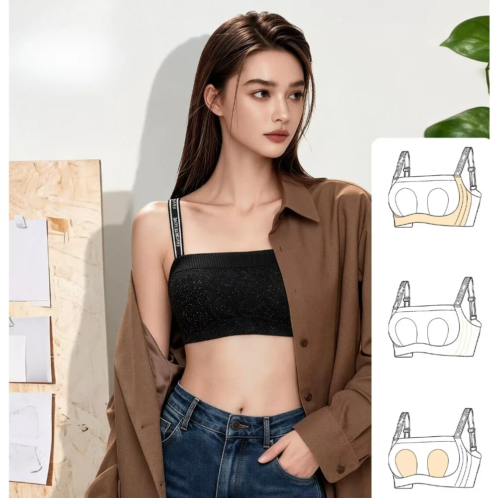 Rhinestone Letter Wide Strap Back Bra for Women, Seamless Tube Top, Big Bust Minimizer, Side Support Anti Sag Underwear,34-40