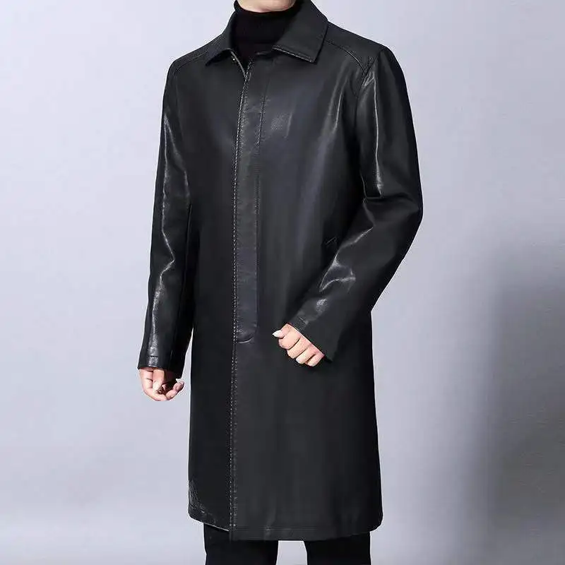Casaco longo de couro de pele de carneiro masculino importado forrado de pele sintética casaco de inverno engrossado gola virada para baixo na altura do joelho