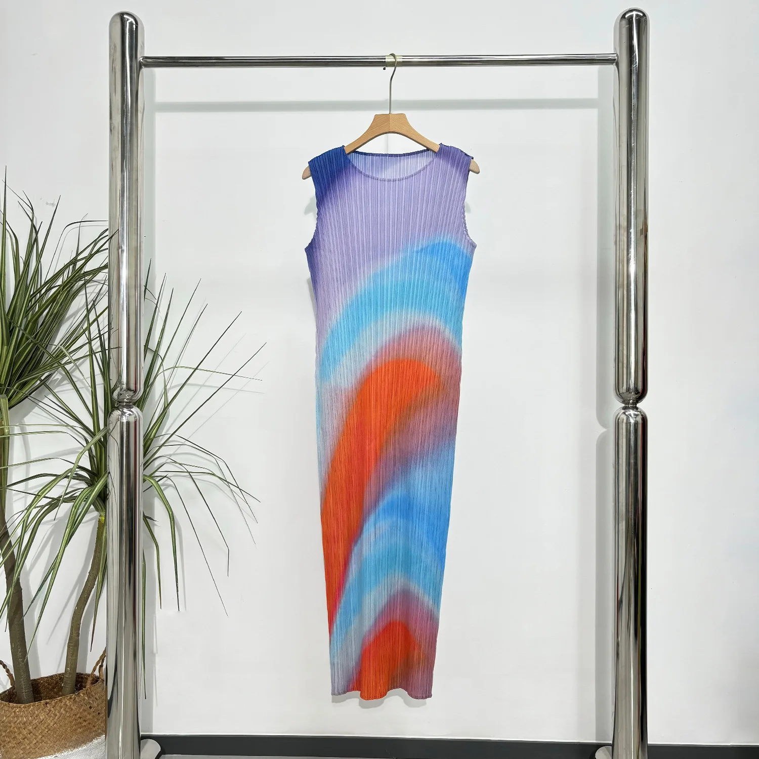 Vestido degradado plisado Miyake, falda de tubo recta sin mangas de moda con cuello redondo de lujo ligero, falda elegante para niños