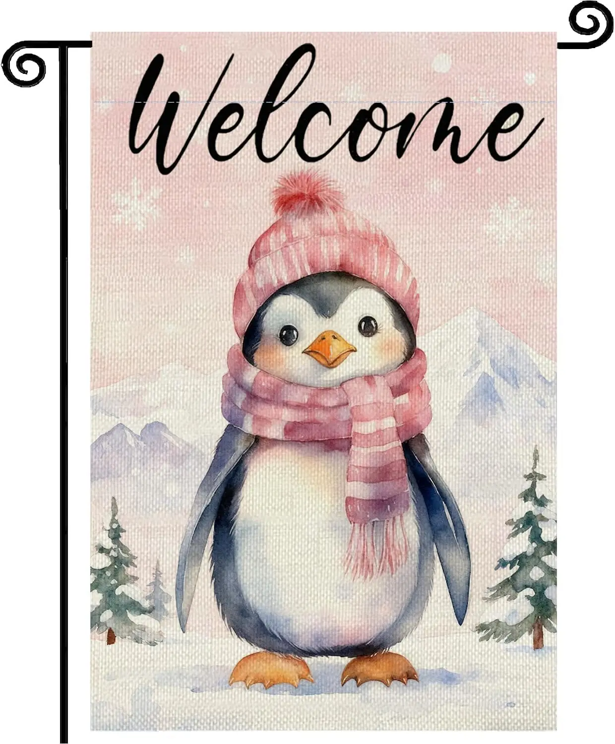 Pink Penguin Welcome Winter Garden Flag 12x18 Inch Double Sided,Cute Animal Snowflakes Trees Christams Farmhouse Small Burla PPM