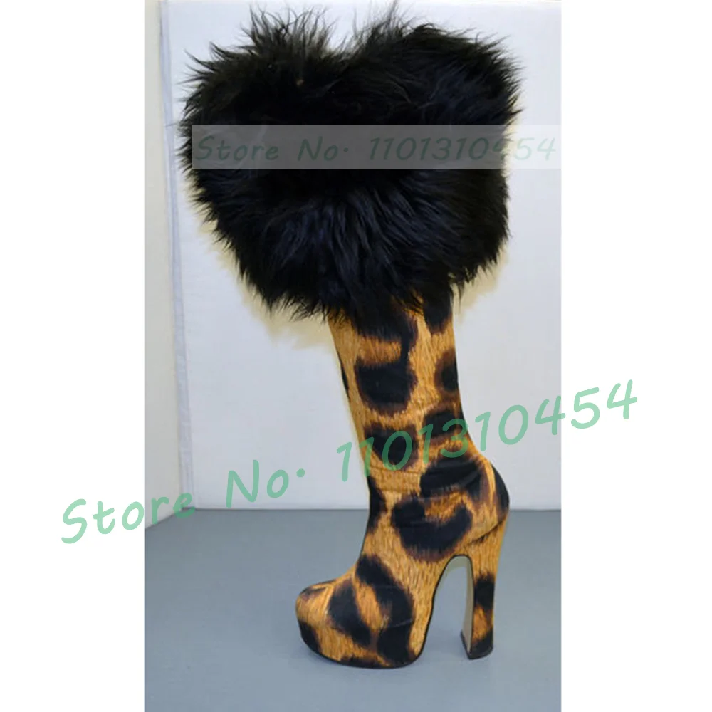 Leopard Print Fur Trim Platform Fall Boots Women Round Toe Block High Heel Boots Ladies Fashion Show Party Unique Knee High Shoe