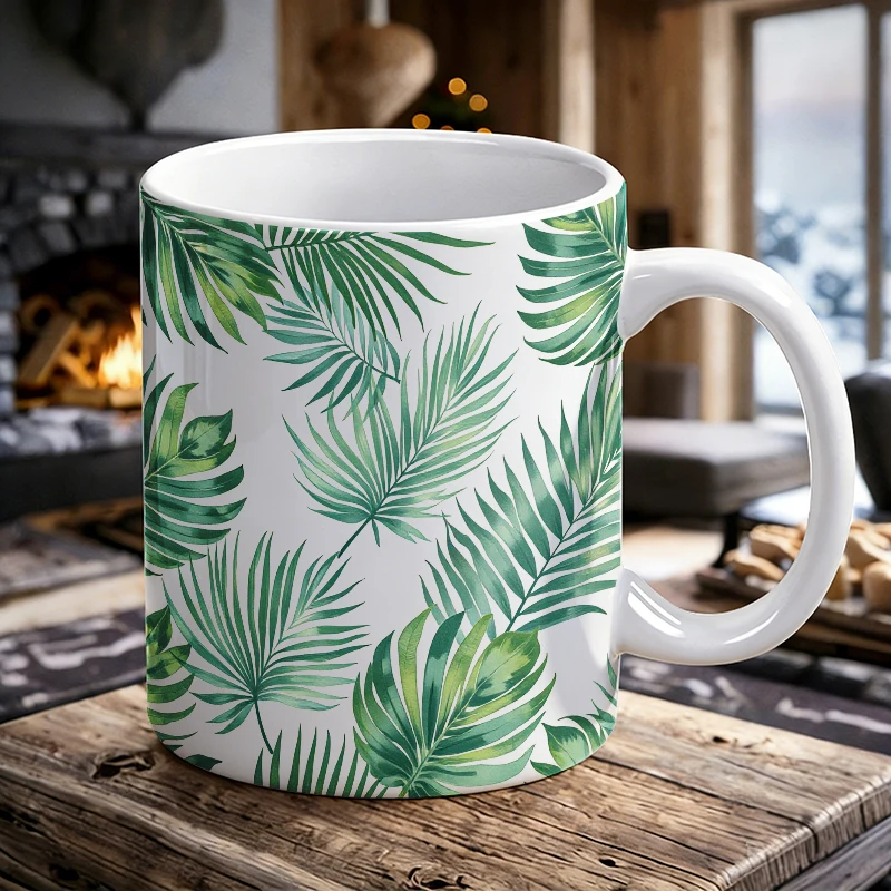 

1 PCS Tropical Palm Leaf Ceramic Cup with Handle, Creative Coffee Cup, Milk Cup, Office Tea Cup, Drinking Cup, Fade-Resistant