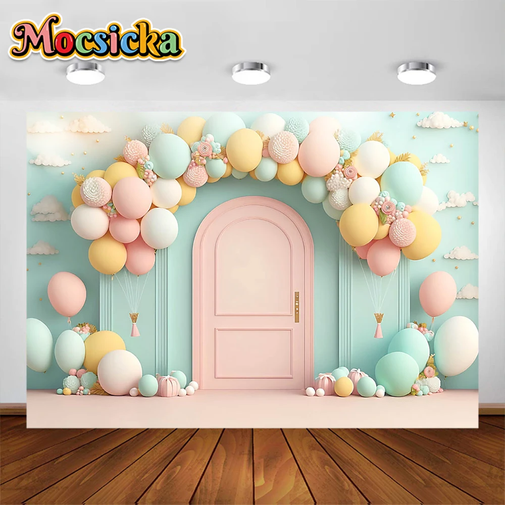 Mocsicka Arch Balloon Girl Baby Birthday Party Photography Backdrop Flower Butterfly Kid Cake Smash Background Photo Studio Prop