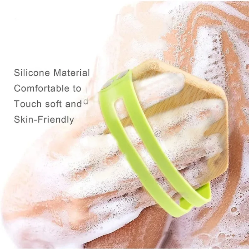 Multifunctional Bamboo and Wood Silicone Shampoo Brush Hexagon Dual Use Wet and Dry Scalp Cleaning Massage Body Exfoliator Tool