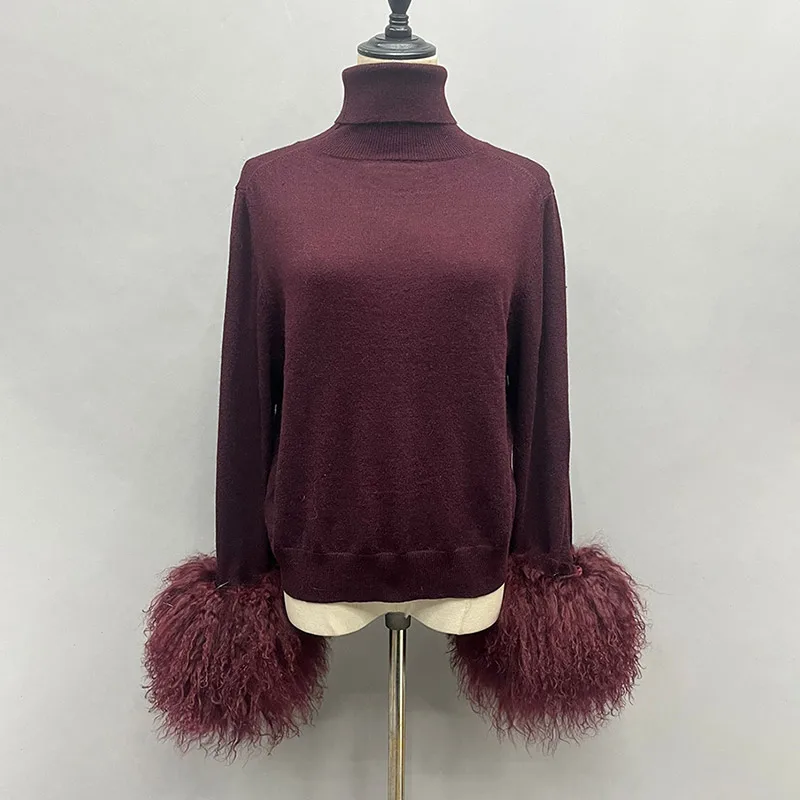 Women's Winter Sweater with Mongolian sheep Fur Cuff Lady Fashion High Collar Soft Warm