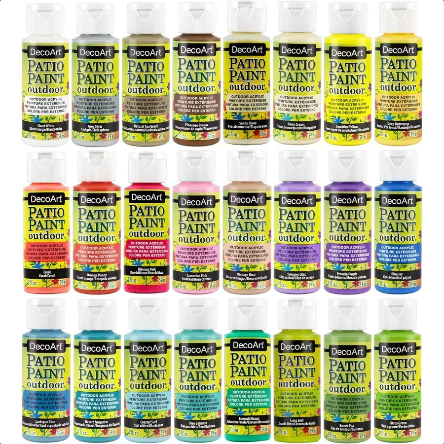 

DecoArt Crafters Acrylic Patio Paint 24 Color Starter Paint Set Outdoor Weatherproof Permanent Paints 2 FL oz Pack of 24