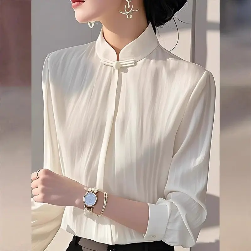 

New Chinese Style White Mandarin Collar Shirt Women's Spring New Fashion Young Style Tang Suit
