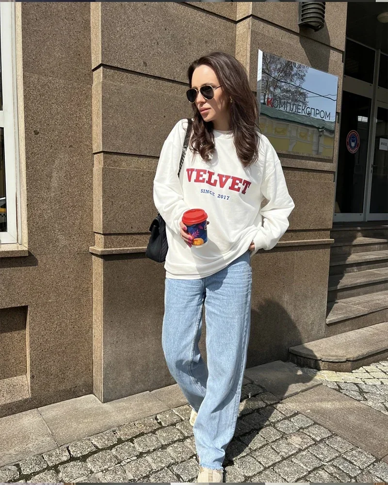 

Women Soft O Neck Ladies Vintage Pullovers TopsHirsionsan 2024 New Spring Autumn Casual Academic Style Letter Print Sweatshirt