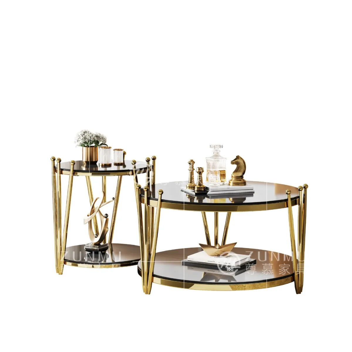 Italian light luxury tempered glass coffee table household tea table small apartment living room side table gold stainless steel