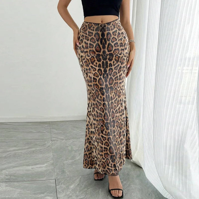Jupe longue léopard à paillettes pour femmes, Sexy, taille basse, douce, Slim, élastique, basique, printemps, rue, vacances, 2026
