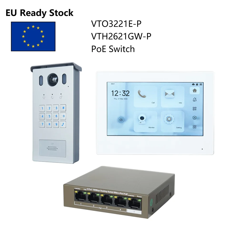 

DH Multi-Language IP Video Intercom KIT,VTO3221E-P & VTH2621GW-P / VTH2621G-P & PoE switch,support SIP, Password code unlock