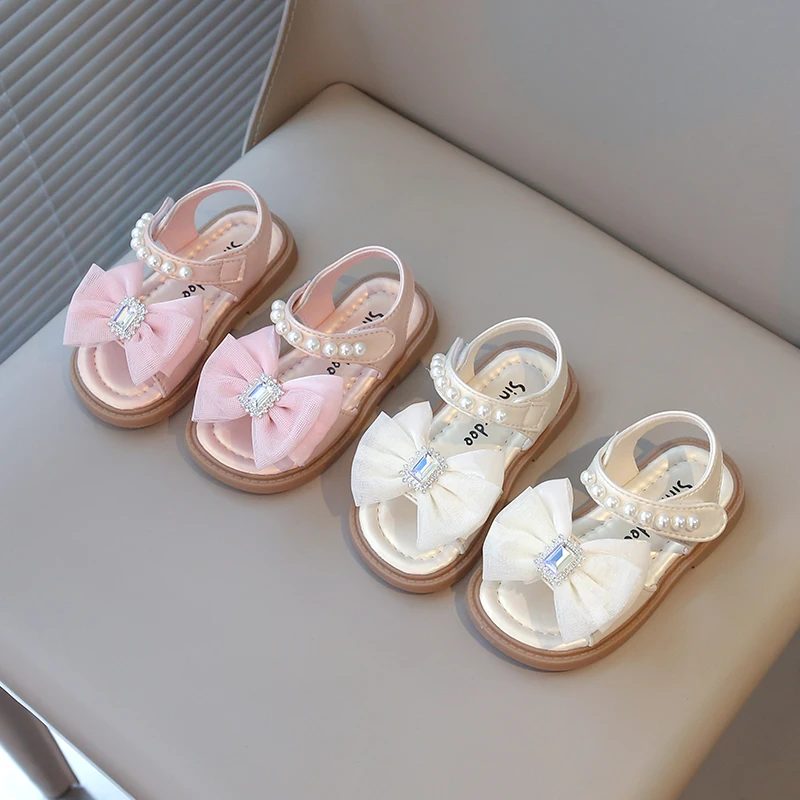 

Summer Girl's Princess Shoes Bowtie Pearl Hook-loop Sweet Kid's Flat Shoe Beige Pink Anti-slip Party Daily Children Shoe 4-6Y