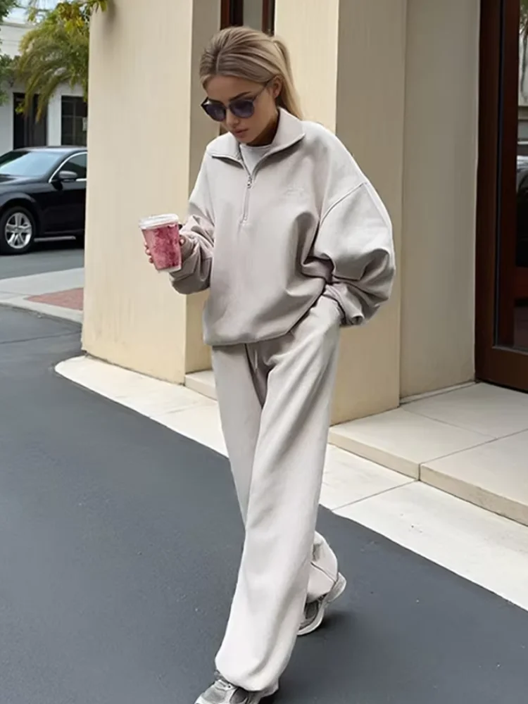 المرأة عادية الصلبة التلبيب الأعلى بدل رجالي موضة سحاب أكمام طويلة فضفاض البلوز الرباط السراويل سيدة 2025 ملابس رياضية جديد #2