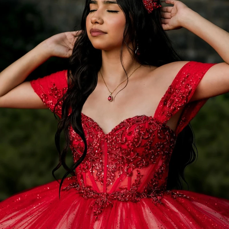 Red Glitter Crystal Sequined Quinceanera Dresses Ball Gown Off The Shoulder Applique Lace Beading Tull Corset Vestidos De XV Año