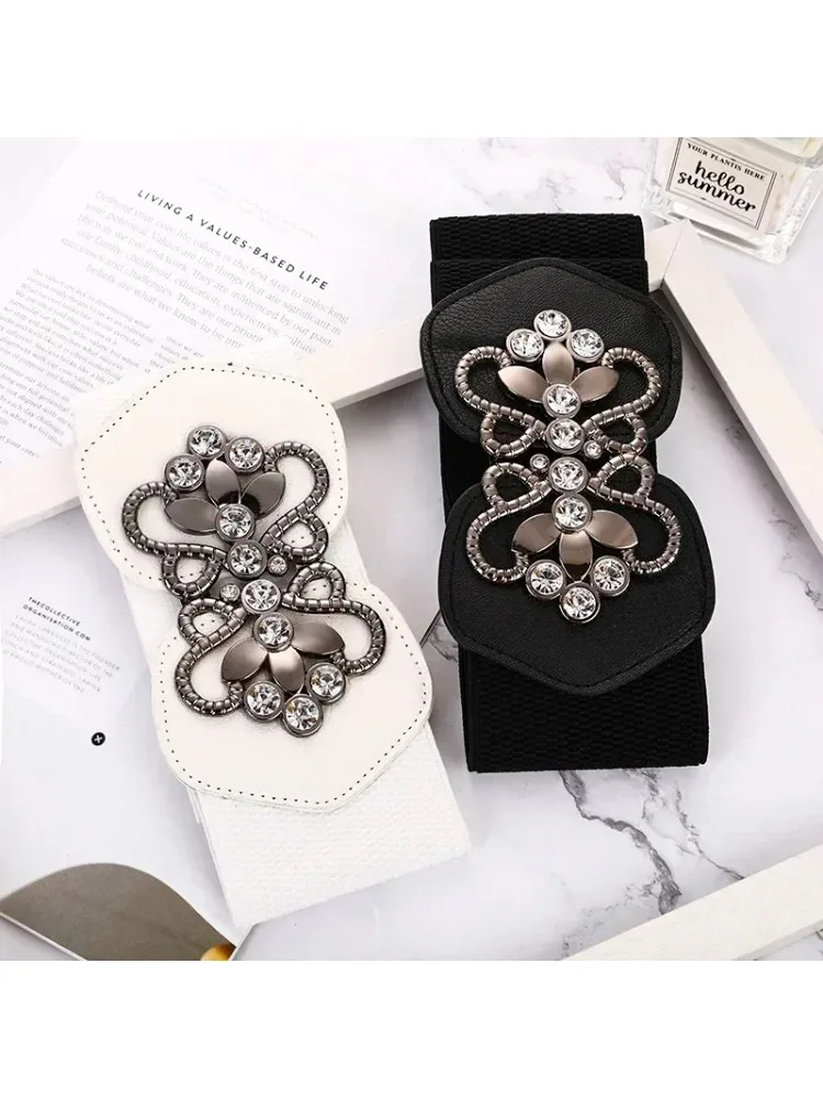 * 여성용 신축성 와이드 거들 다운 재킷 스웨터, 원피스 라인석 장식 벨트, 여성용 벨트