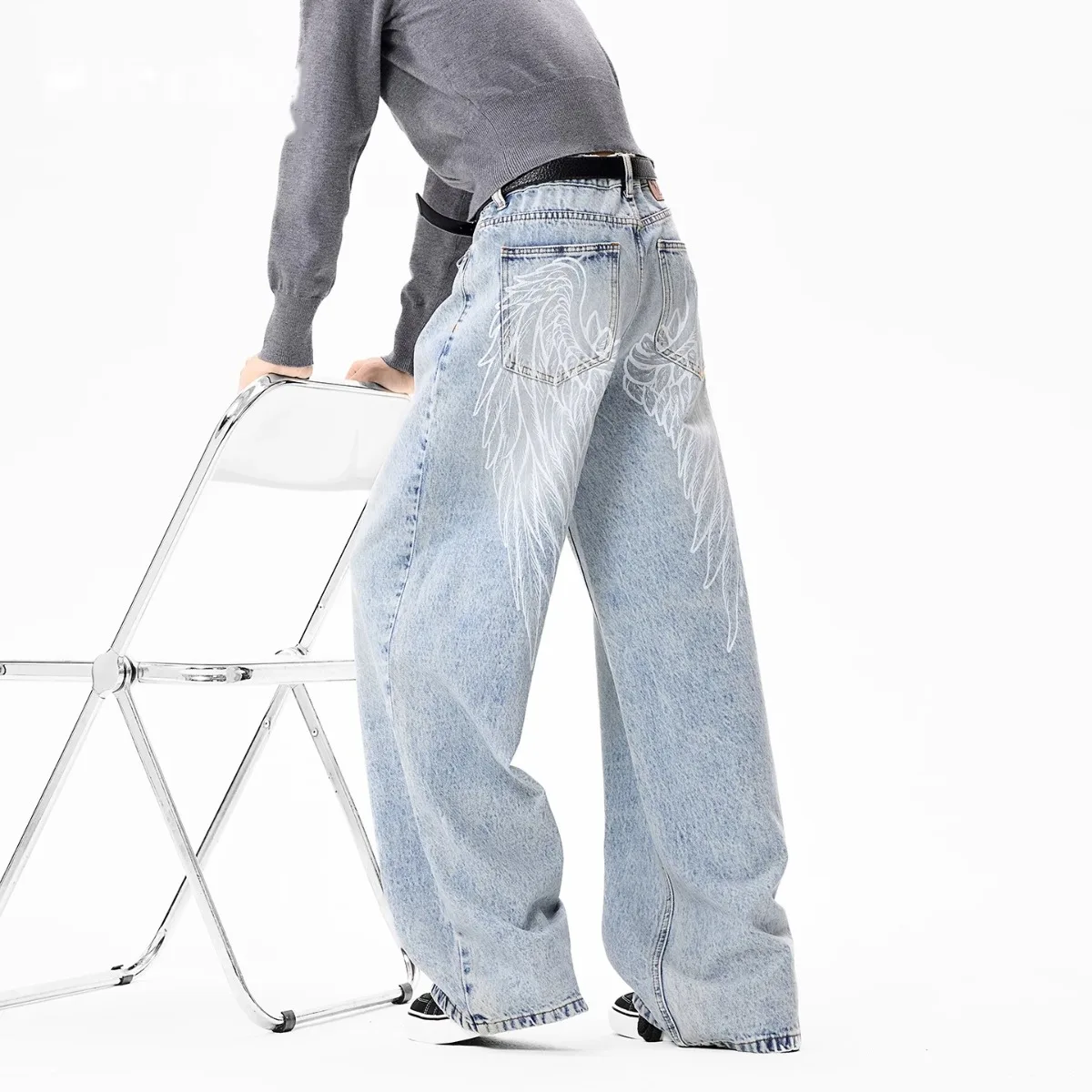Angel Wings Printed Wide Leg Jeans Loose Straight Floor-Length American Style Versatile Loose Fit Long Pants for Teens