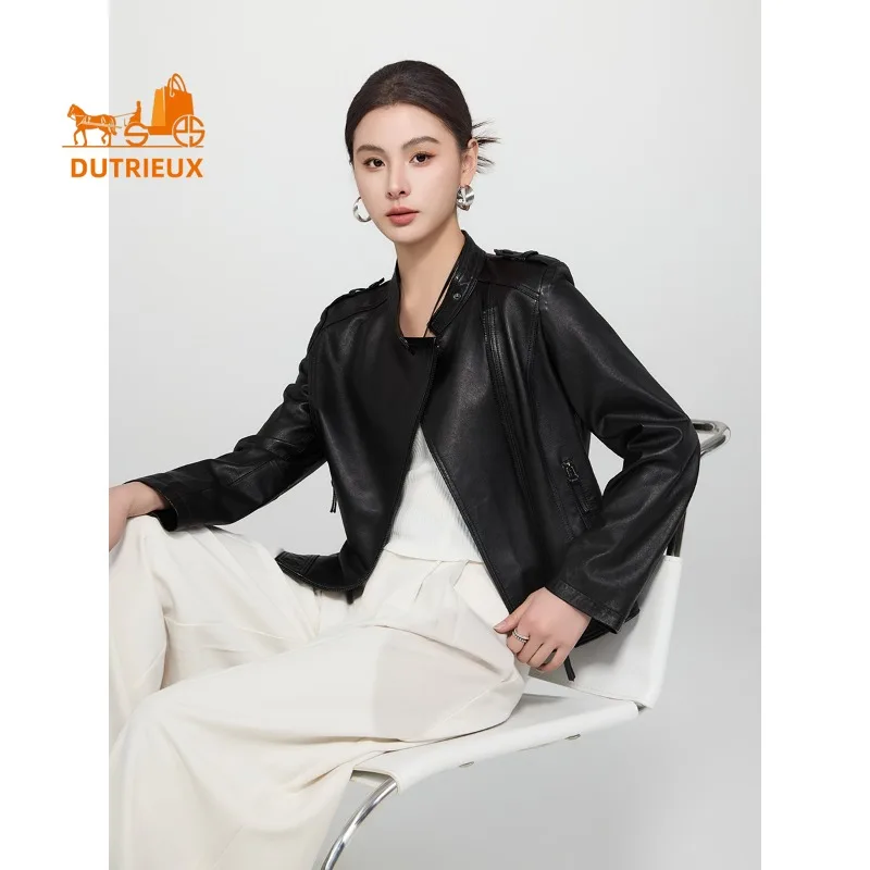 Autumn and Winter Short Stand Collar Slim Motorcycle Real Leather Jacket, 100% Genuine Sheepskin, High Quality Durable Coat