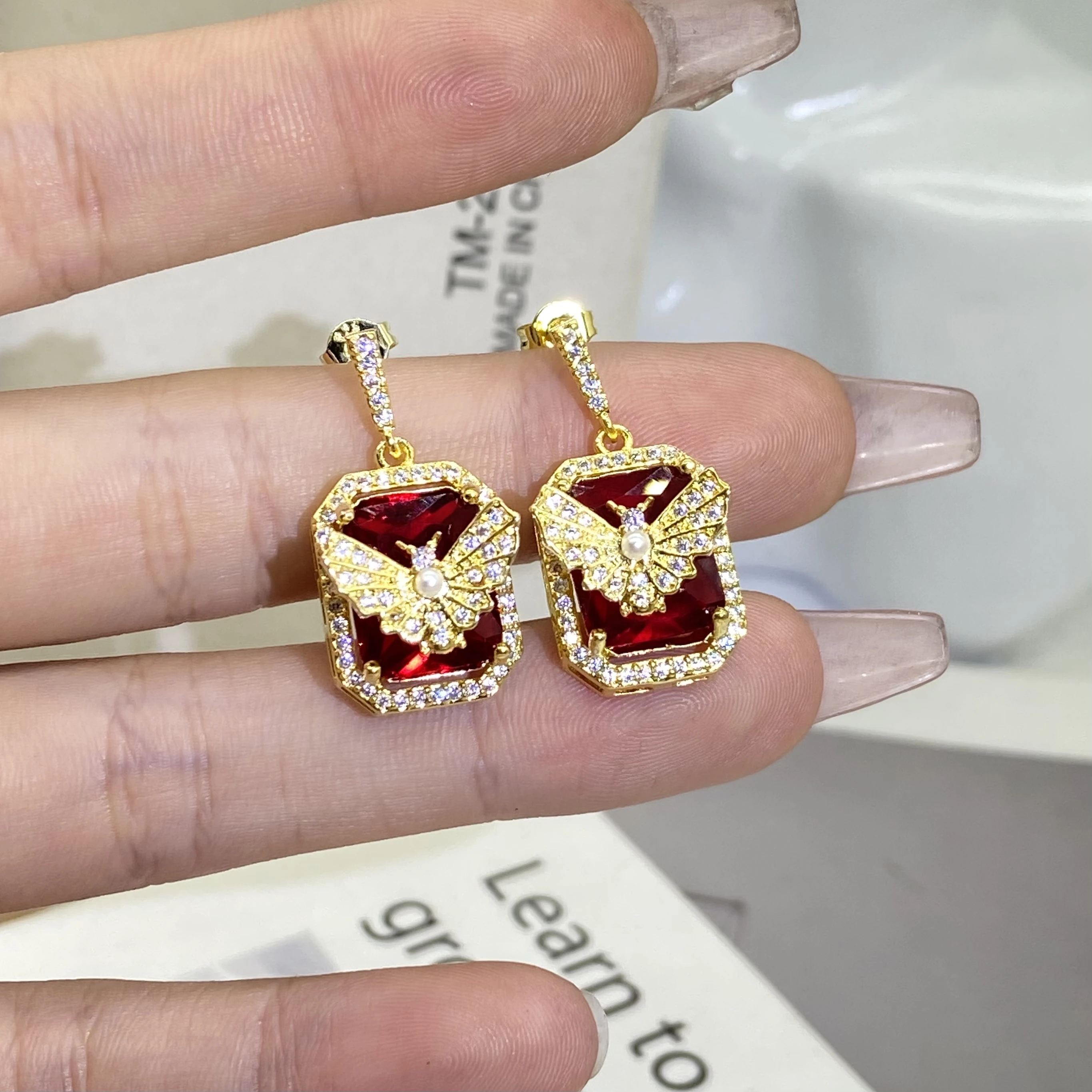 NEW Exaggerated Oversized Baguette Ruby Butterfly Full Diamond Stud Earrings For Women Zircon Valentine's Day Gift Jewelry