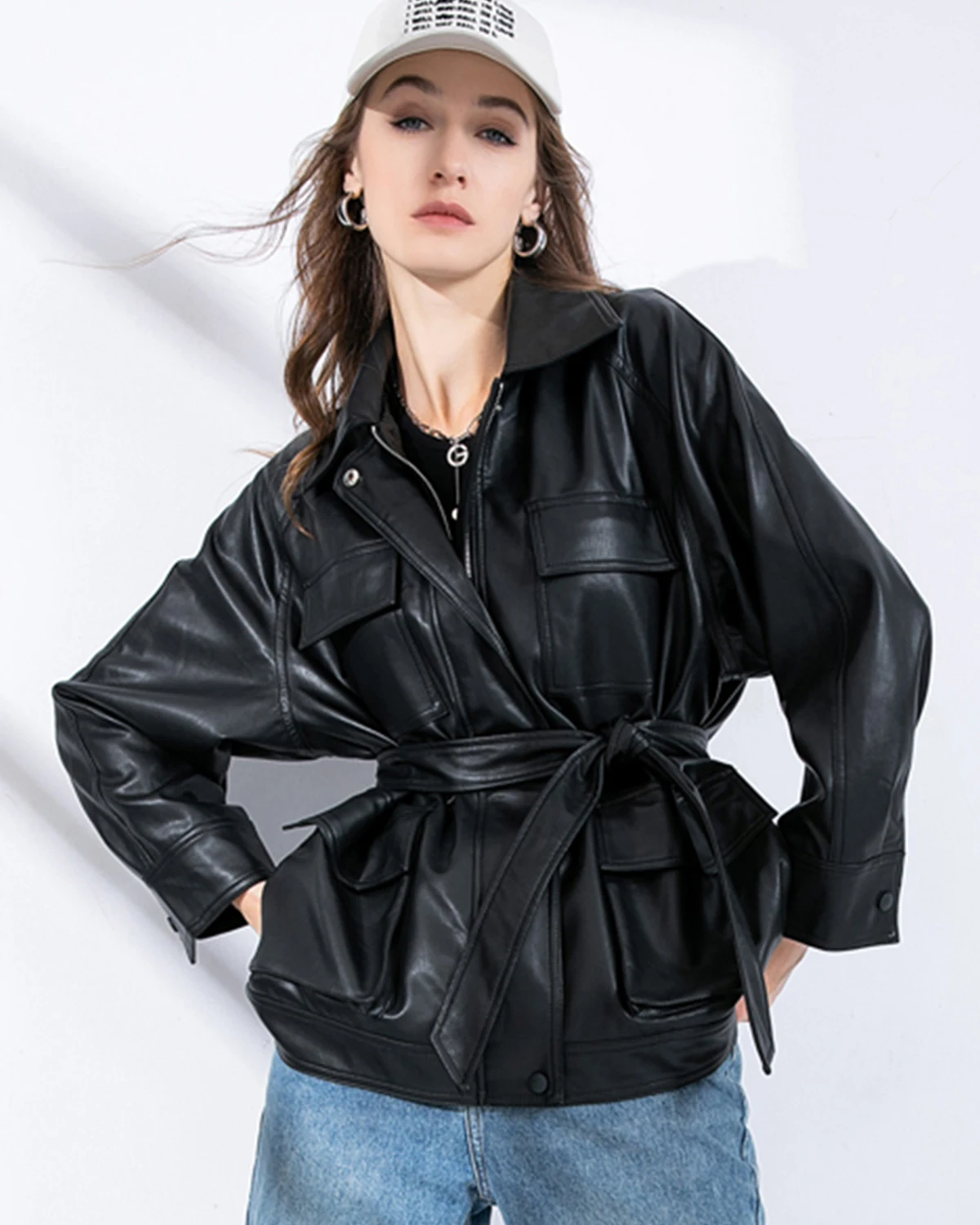 FTLZZ Women PU Leather Jacket Vintage Lapel Zipper Faux Leather Coat High Street Motorcycle Outwear with Belt