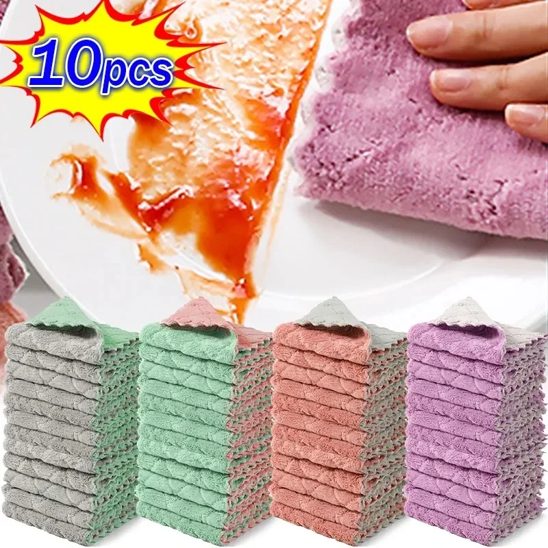 10/1Pcs Double-layer Microfiber Towel Absorbent Kitchen Cleaning Cloth Tableware Dish Wipe Rags Non Stick Oil Rags Scouring Pad