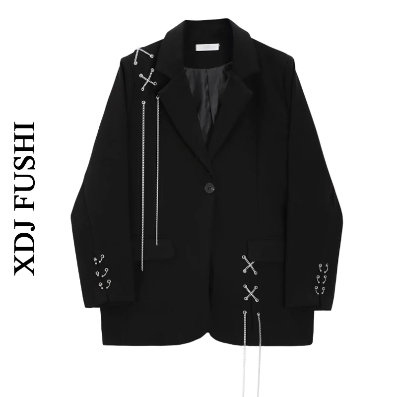 

2025 Autumn Black Blazer Coat Women Korean Casual Loose Oversized Single-breasted Turndown Collar Long Sleeve Suit Jacket Female