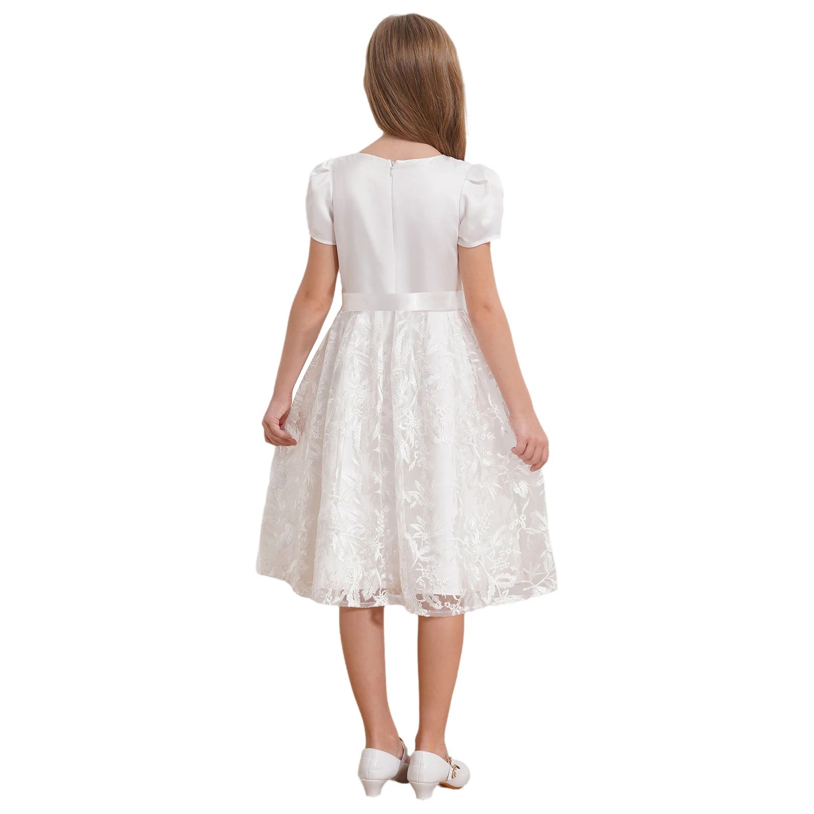 Princess Dress for Girls Floral Embroidery Elegant Bridesmaid Dress White Christening Communion Birthday Evening Prom Dress