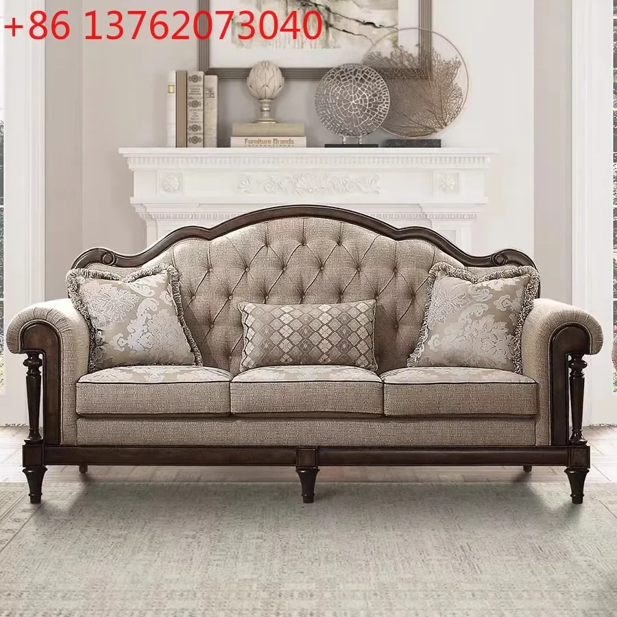 American rural solid wood fabric sofa single and double three-person small apartment retro luxury buckle sofa furniture
