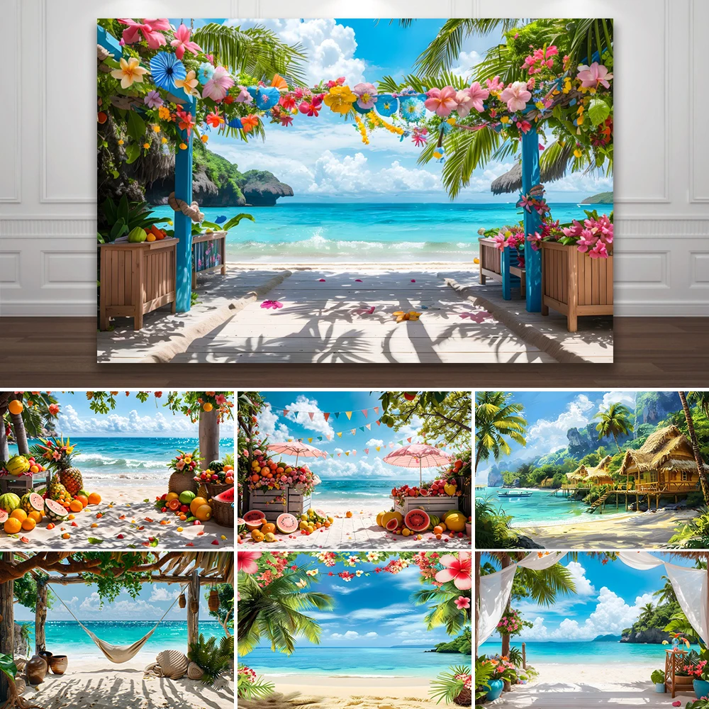 

Hawaiian Party Seaside Tropical Fruit Photography Background Floral Aloha Luau Ocean Sea Holiday Party Baby Birthday Backdrop
