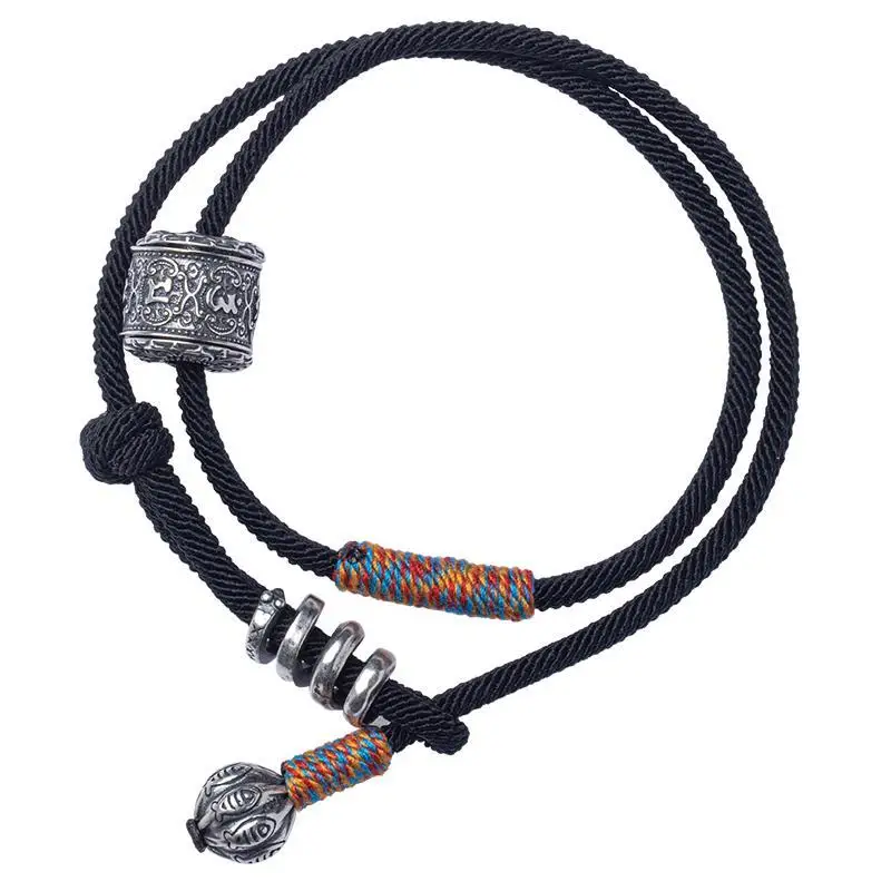Tibetan Hand-woven HandRope Ethnic Style S925 Sterling Silver Six-character Mantra Lucky Bracelet for Men and Women Hand Jewelry