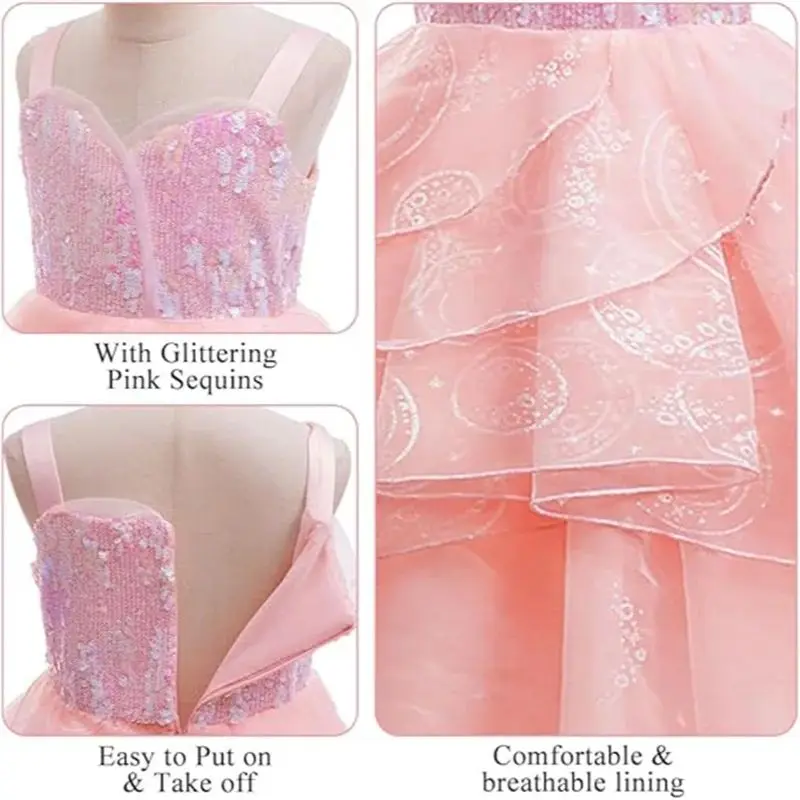 Movie Magic Wicked Witch Cosplay Costume Glinda Pink Sequins Princess Dress For Girls Evening Carnival Birthday Party Gown 4-12Y