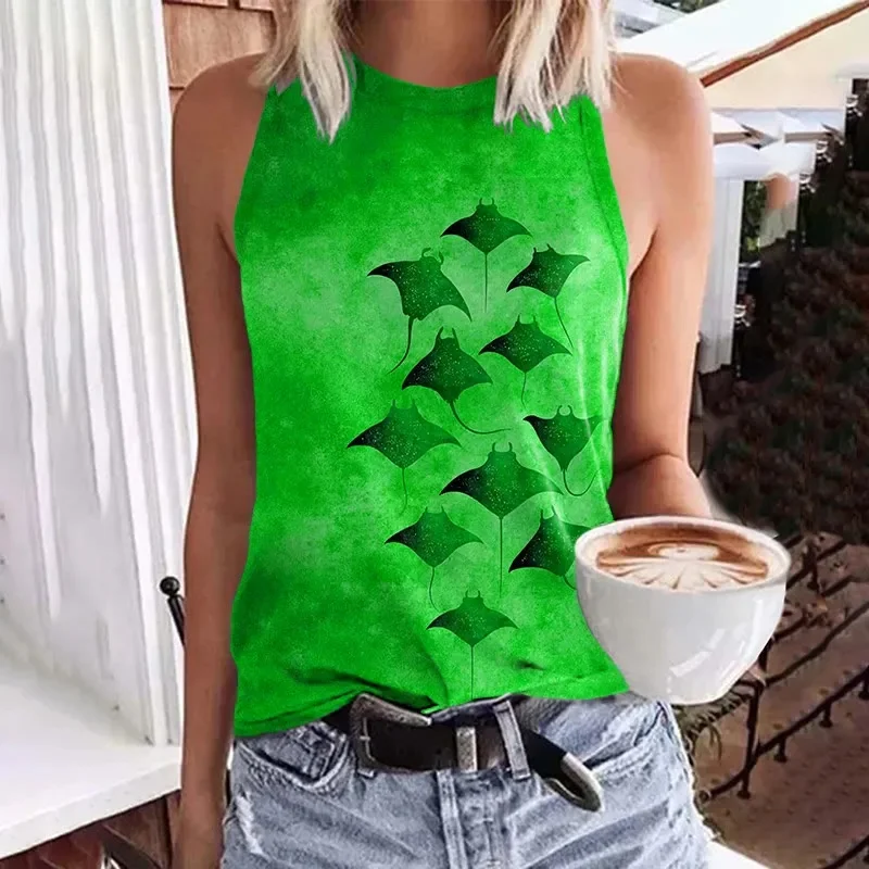 Vintage Manta Ray Art Print Crew Neck Tank Top Summer Women's Casual Vest