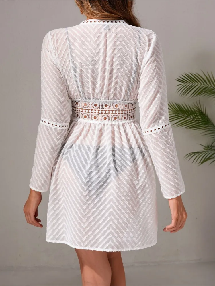 Summer Cover Ups Women Swimsuit Long Sleeve Robes Bathing Suit 2025 New White Beach Holiday Mini Dresses Cover-Up