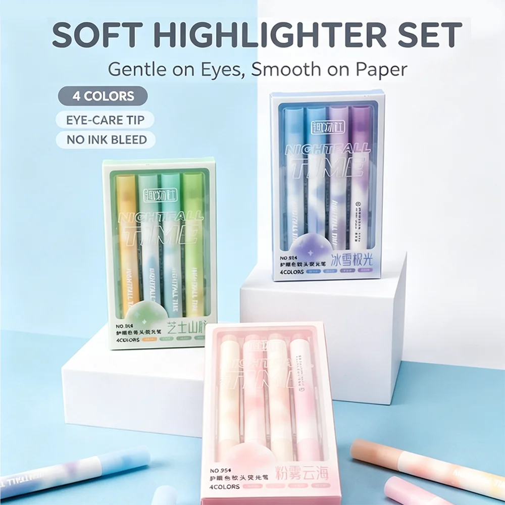 4Pcs Kawaii Colored Highlighter Pens Set,Smooth‑writing Fluorescent Marker Pens, Portable School Journaling Stationery Supplies