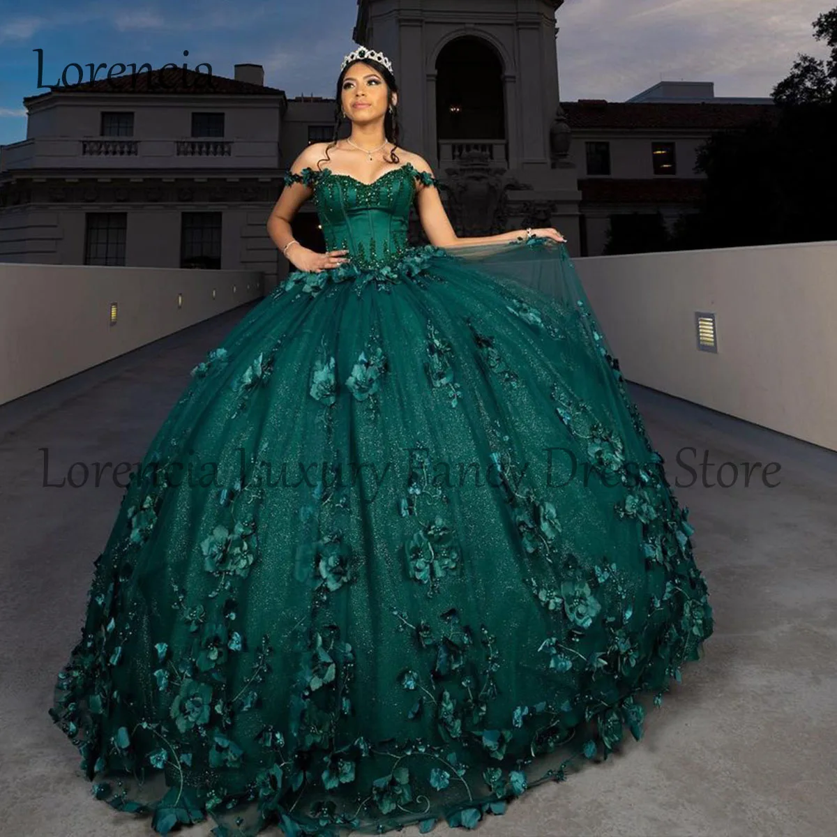 Mexican Green Quinceanera Dress Sweet 16 Ball Gown 3D Flowers Sequins Applique Beading Corset Formal Vestidos De 15 Años