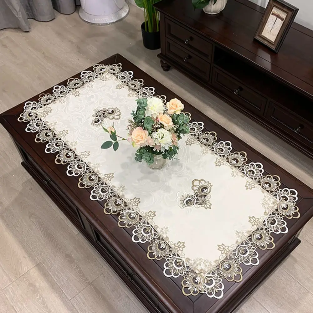 Exquisite Rectangle Table Cloth Floral Lace Edge Fabric Desk Mat Dustproof Cover For American Style Home Interior Design