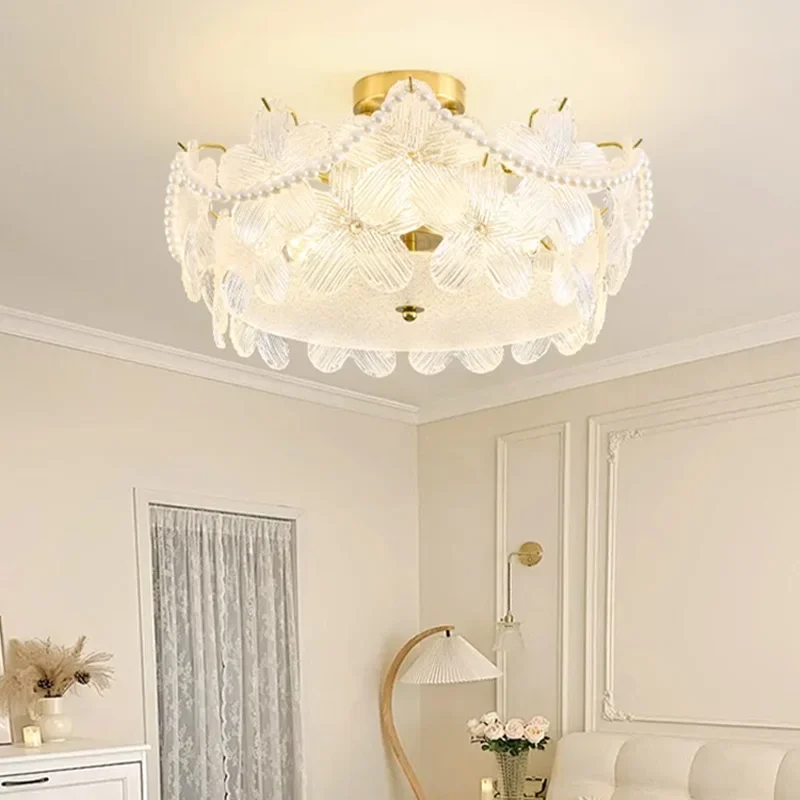 Glass flower girl bedroom ceiling light cream wind French bedroom living room dining room petal cloakroom ceiling light